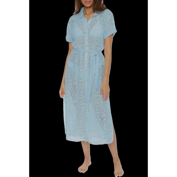 Becca Gauzy Lace Blue Beach Cover-Up Dress Size Small, Collar, Belt - Picture 1 of 4